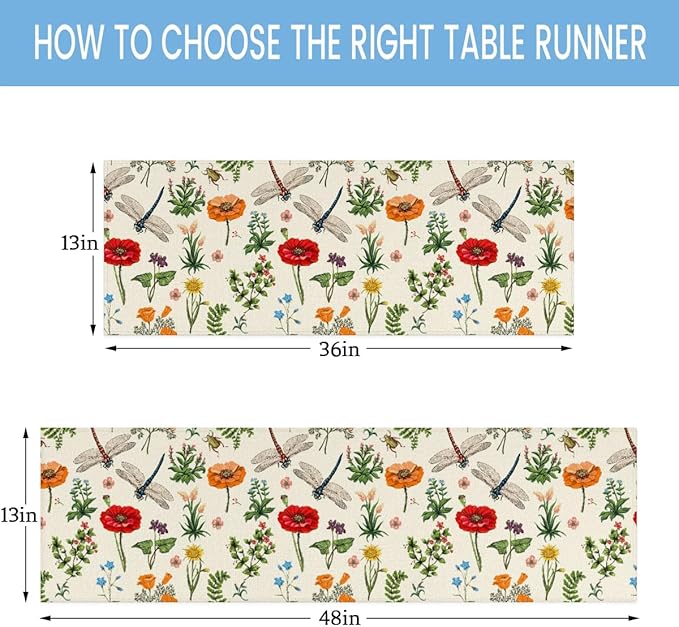 Flowers Dragonflies Table Runner Kitchen Dining Table Runner 13*36in Table Center Decor for Indoor Outdoor Home Holiday Party