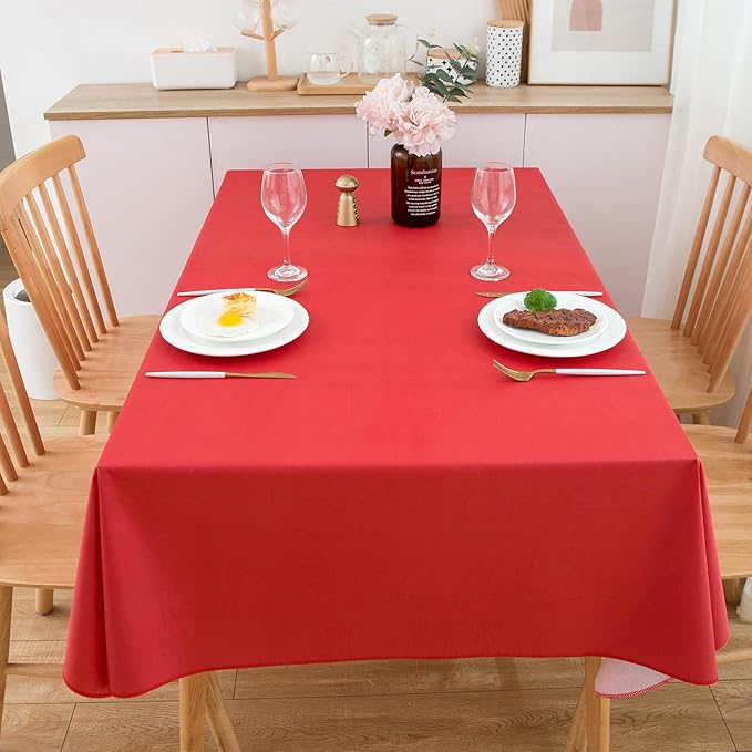 LIBERECOO Vinyl Christmas Tablecloth with Flannel Backing, Solid Red, Waterproof, Stain-Resistant, Easy-Clean Table Cover for Holiday, Dining, Kitchen, and Outdoor Use, 60" x 120" Rectangle