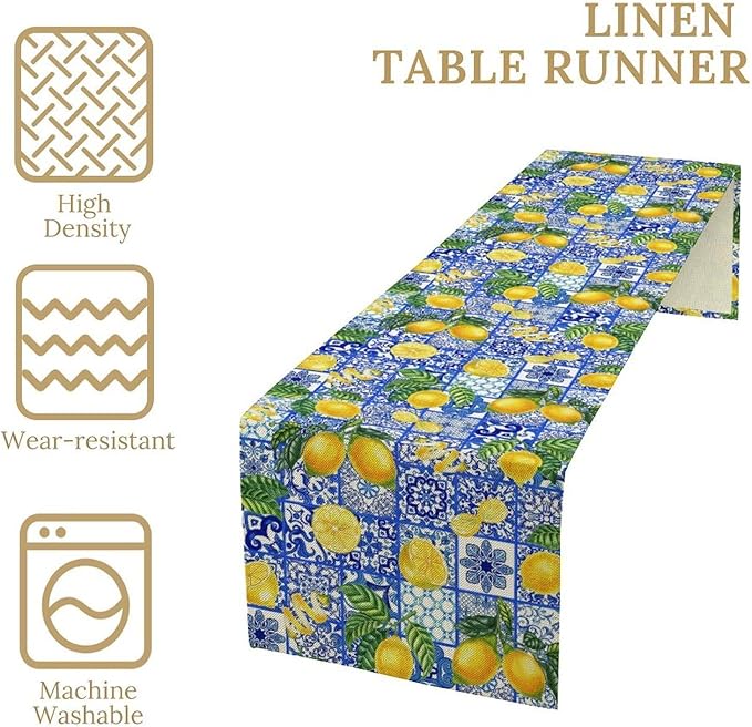 Tiles Lemon Table Runner Blue White Yellow Vintage Rustic Summer Fruit Chic Farmhouse Dining Table Decoration for Home Holiday Party Dresser Kitchen Cabin Restaurant Wedding Decor 13×60in