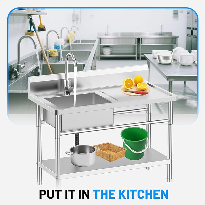 Stainless Steel Utility Sink, 39'' Free Standing Single Bowl Kitchen Sink with Cold and Hot Water Pipe, worktop,Indoor and Outdoor for Laundry Room Farmhouse Kitchen