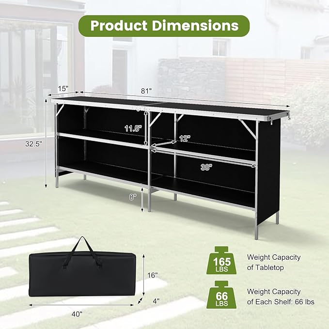 GOFLAME Folding Camping Table, Aluminum Portable Picnic Table w/ 2-Tier Open Shelves & Spacious Tabletop, Carrying Bag Included, Outdoor Large Kitchen Table for Picnic, BBQ, Party, Backyard (Black)