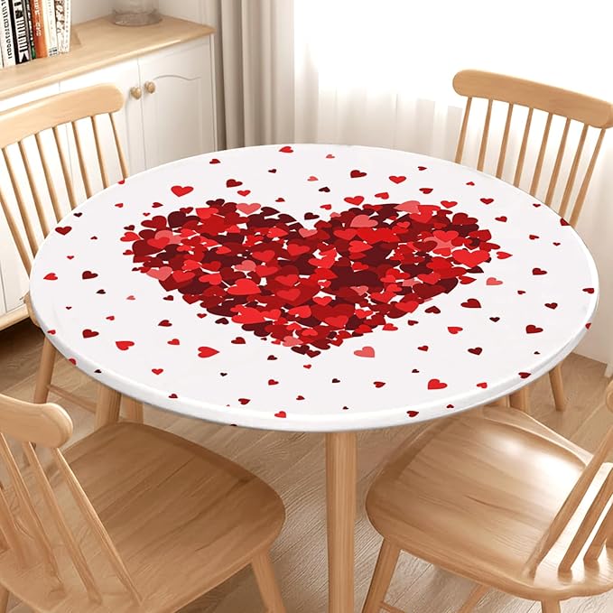Valentines Day Round Fitted Tablecloth with Elastic Red Love Heart Circle Table Cloth for 48-52" Tables Wipeable Waterproof Washable Valentine Decorative Table Cover for Picnic Dining Party Decor