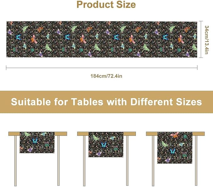 Boho Wildflower Moth Table Runner,Bohemian Floral Colorful Butterfly Print Table Runner for Kitchen Dining Table Holiday Indoor Outdoor Home Party Decor 13x108in