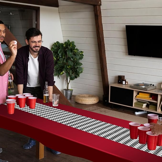 WANGDEFA 1 Pack Plastic Red Tablecloth Houndstooth Table Runner Houndstooth Party Decor 108 * 54inches for Dining Table Outdoor Party Decorative Tablecloth(PVEA and Polyester Material