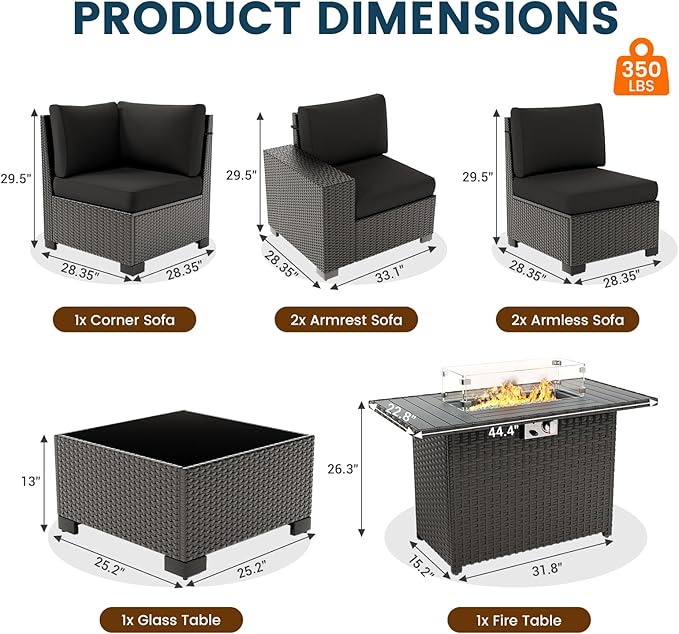 7 Piece Patio Furniture Set with Fire Pit Table, Outdoor Sectional Conversation Sets Black Wicker Rattan Sofa with Coffee Table for Patio Garden Backyard, 4'' Thickened Cushion Black
