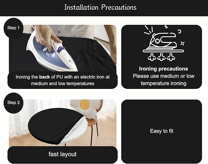 Round Fitted PU Tablecloth with High Elastic Edge 47 Inch Dia Waterproof Oil Proof Table Cloth Anti-Scald Stain-Resistant Wipeable Table Cover for Indoor Outdoor Picnic (Black,47" Dia)