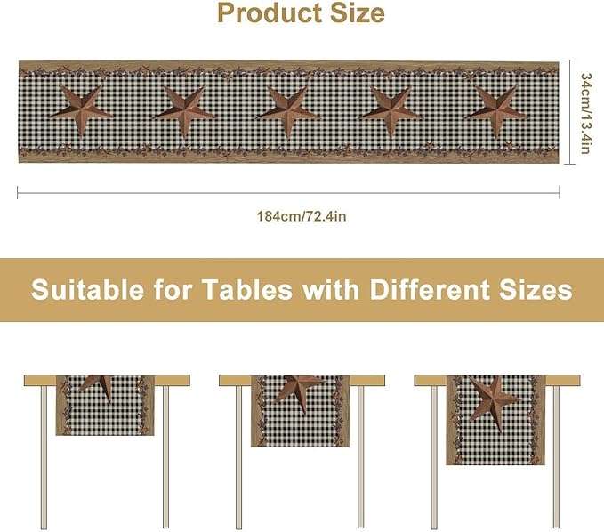 Rustic Star Table Runner, Vintage Wood Barn Black Grid Western Texas Farmhouse Country Print Table Runner for Home Party Patio Indoor Outdoor, 13x90inch