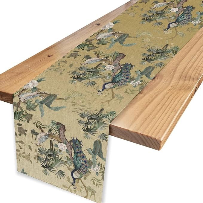Asian Table Runner,Ruatic Traditionla Chinese Style Penoy Floral Branch Table Center Decor for Home Kitchen Dining Patio Party Indoor Table Decorations, 13"x36"