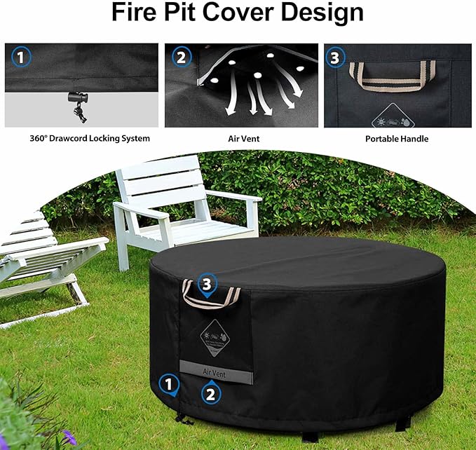 QH.HOME Fire Pit Cover Round Super Waterproof, 44" D X 24" H Outdoor Round Firepit Cover 600D Strong Tear Resistant, UPF 50+ Fire Pit Covers Premium Fading Resistant for Outdoor Fire Pit - Black