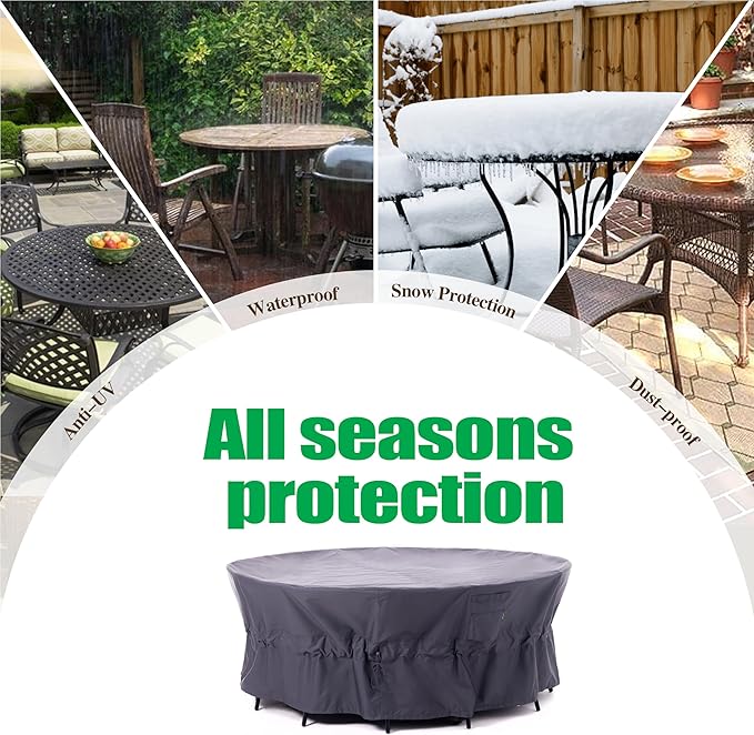 F&J Outdoors Patio Furniture Covers, Heavy Duty Tear Resistant Waterproof UV Resistant Windproof Outdoor Furniture Cover, Grey, 96" Dia x 33" H