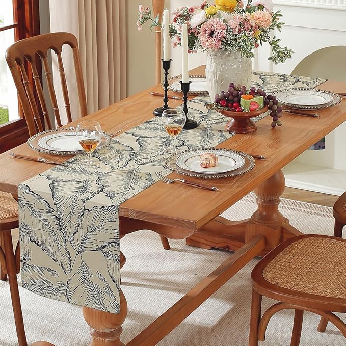 Double-Sided Table Runner - Reversible Oil Painting & Banana Leaf Design, Waterproof Linen Cotton for Dining Table Decor, Holiday Home Decoration(Green)