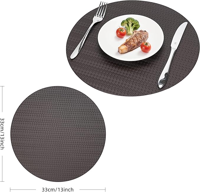Round Faux Leather Placemats Set of 4 – 13 Inch Vinyl Table Mats, Heat Resistant, Non Slip, Wipeable & Washable, Easy to Clean Dining Table Decor for Kitchen & Dining(Dark Brownish Black)