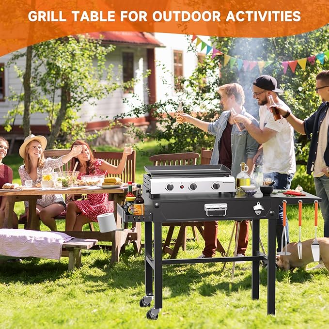 Grill Cart, Portable Grill Table for Blackstone Griddle, Foldable Outdoor BBQ Stand with Side Tray & Hooks, Movable Pizza Oven Table for Outdoor Use, Fit 17"/25"/30" Large Space