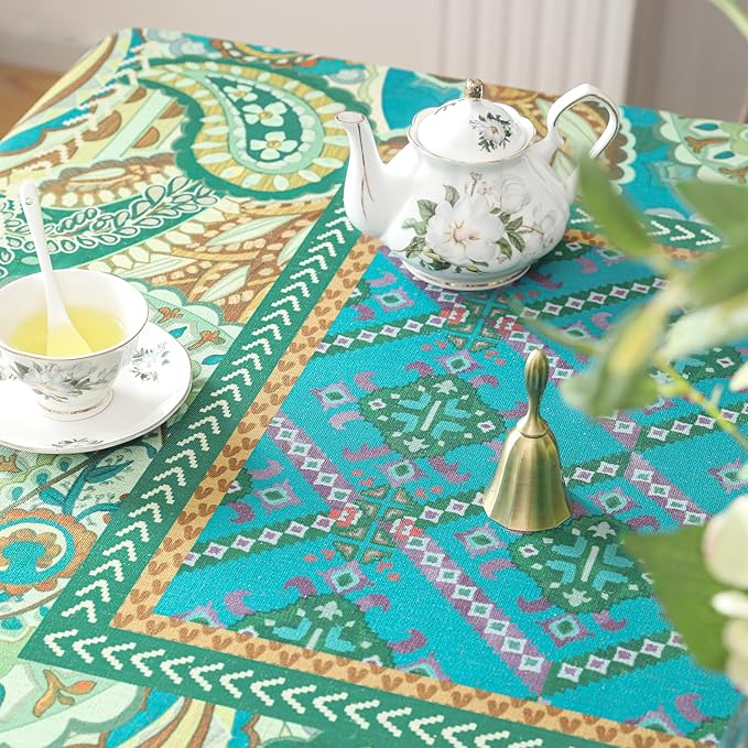 Linen Square Green Tablecloth,Wrinkle Resistant French Vintage Tablecloth Print with Foral,Decor Table Cloth for Thanksgiving,Dining Room,Home,Kitchen 55" × 55"-Milen