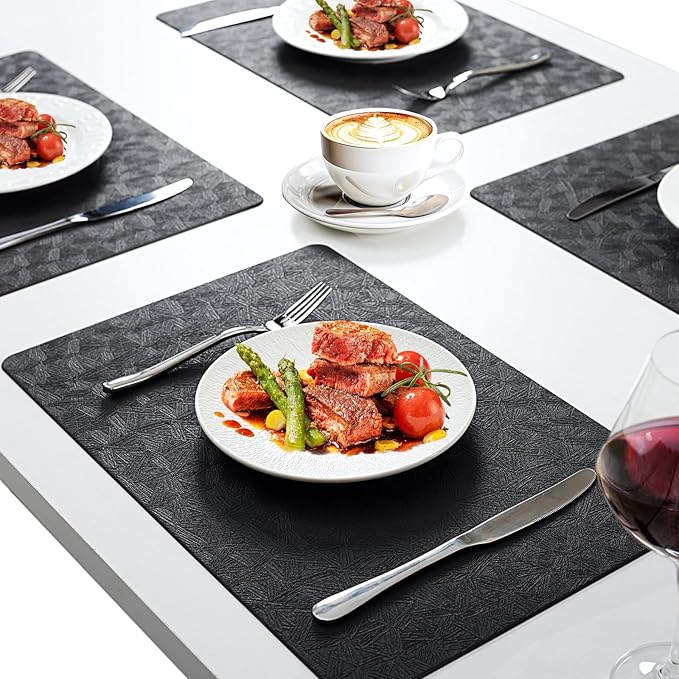 Vinyl Placemats Set of 8 Faux Leather 100% Waterproof Wipeable Washable Place Mats Heat Resistant Easy Clean Non-Slip Table Mats for Indoor Outdoor. (8,Black)