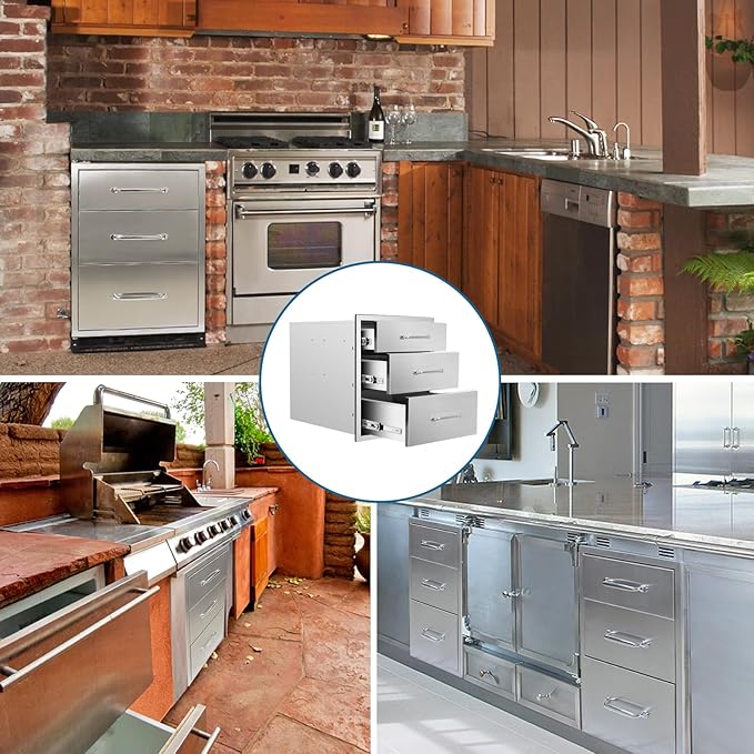 Outdoor Kitchen Drawers 18"Wx21"Hx23"D Flush Mount Access 3-Drawer BBQ Stainless Steel Drawers with Handle for Outdoor Kitchen Island or Grill Station