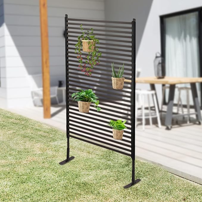 Outdoor Privacy Screens Freestanding, 35.5" W x 71" H Metal Slatted Decorative Privacy Screen and Panels with Stand, Brown Backyard Panels for Garden Patio