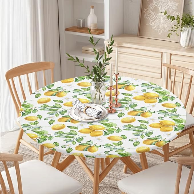 Lemon Round Fitted Tablecloth with Elastic Spring Summer Yellow Lemons Circle Table Cloth for 44-48" Round Tables Wipeable Waterproof Lemonade Party Farmhouse Table Cover for Picnic Dining Outdoor