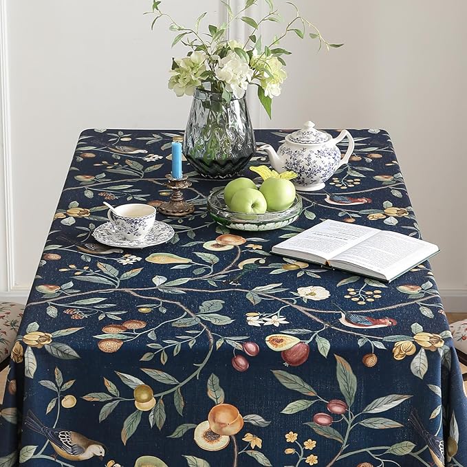 Linen Square Blue Tablecloth,Wrinkle Resistant French Vintage Tablecloth Print with Foral,Decor Table Cloth for Thanksgiving,Dining Room,Home,Kitchen 55" × 55"-DeweyA Blue