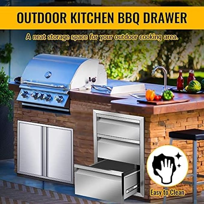 Pull Out Trash Drawer, Lower Sliding Rails Stainless Steel Roll Out Trash Bin Pull Out Tray With Handle For Outdoor Kitchen BBQ Island Grill Station,Three Drawers