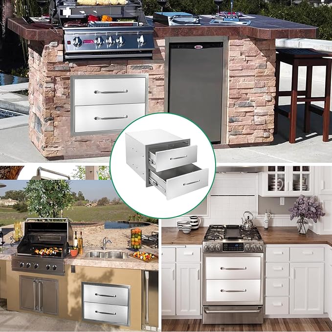 Outdoor Kitchen Drawers 18" W x 15" H x 23" D Stainless Steel Double Drawers with Ergonomic Handle for BBQ Island, Patio Grill Station & Outdoor Kitchen Cabinets