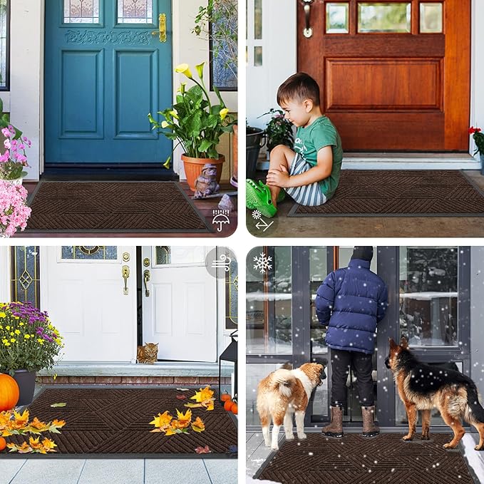 Smiry Front Door Mat Outside Entrance, Heavy Duty Sturdy Natural Rubber Doormat, Trap Dirt and Moisture, Easy Clean Low Profile Mats for Indoor Outdoor Entry, Irregular Triangle (59x35, Dark Brown)