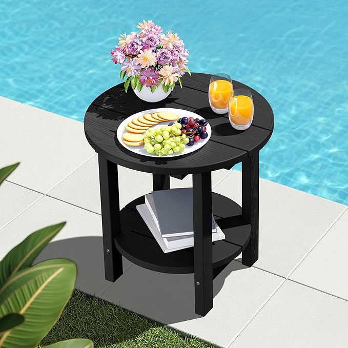 SERWALL Round Outdoor Side Table, HDPE Small Adirondack End Table,2-Tier Patio Side Table for Backyard Pool Porch Garden Lawn, Black