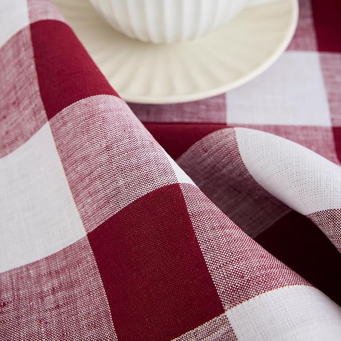 Solino Home Checkered Table Runner 108 Inches Long - 100% Pure Linen Burgundy and White Buffalo Check Table Runner 14 x 108 Inch Ideal for Dining, Valentines