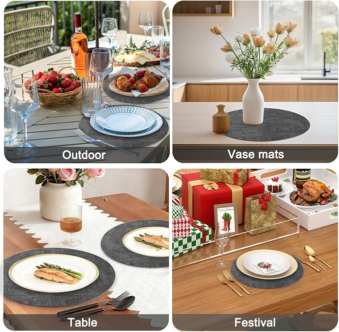 Round Faux Leather Placemats and Coasters, Set of 6, Reversible Heat Resistant Non-Slip Table Mats, Waterproof Wipeable Place Mats for Dining Table, Washable for Indoor & Outdoor (6, Dark Grey)