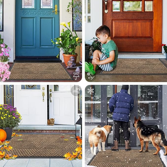 Smiry Front Door Mat Outside Entrance, Heavy Duty Sturdy Natural Rubber Doormat, Trap Dirt and Moisture, Easy Clean Low Profile Mats for Indoor Outdoor Entry, Irregular Triangle (47x32, Brown)