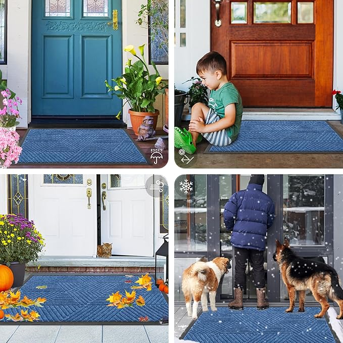 Smiry Front Door Mat Outside Entrance, Heavy Duty Sturdy Natural Rubber Doormat, Trap Dirt and Moisture, Easy Clean Low Profile Mats for Indoor Outdoor Entry, Irregular Triangle (59x24, Blue)