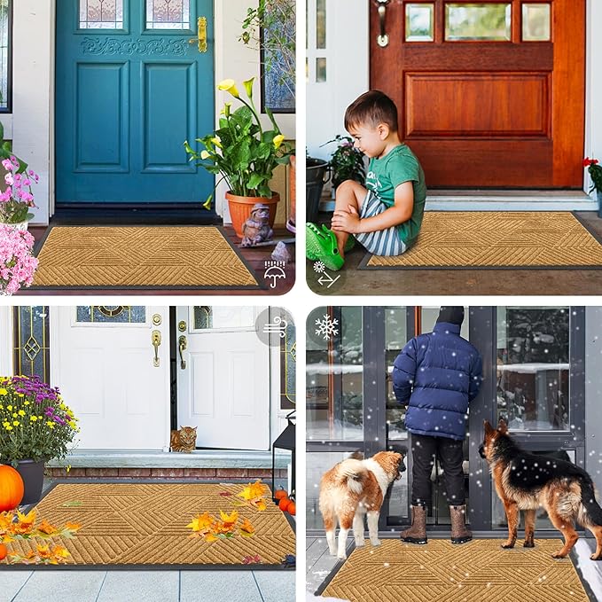 Smiry Front Door Mat Outside Entrance, Heavy Duty Sturdy Natural Rubber Doormat, Trap Dirt and Moisture, Easy Clean Low Profile Mats for Indoor Outdoor Entry, Irregular Triangle (29.5x17, CRM-Yellow)