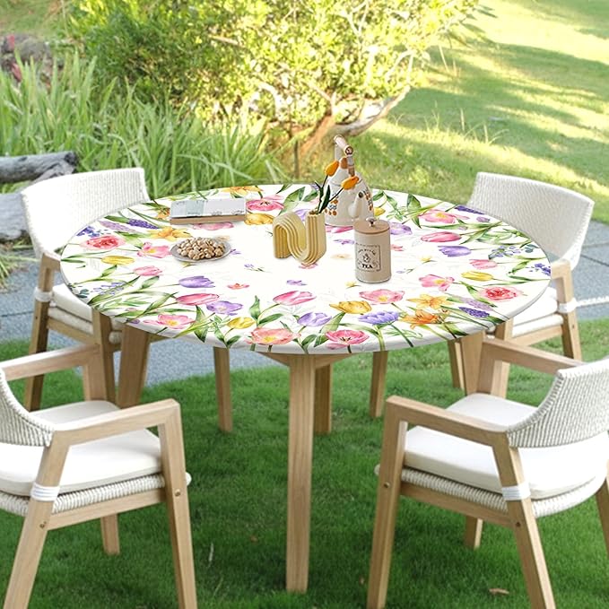 Spring Summer Easter Round Fitted Tablecloth with Elastic Edge Tulip Lavender Floral Circle Table Cloth for 36-40" Tables Wipeable Waterproof Farmhouse Flowers Table Cover for Picnic Dining Outdoor