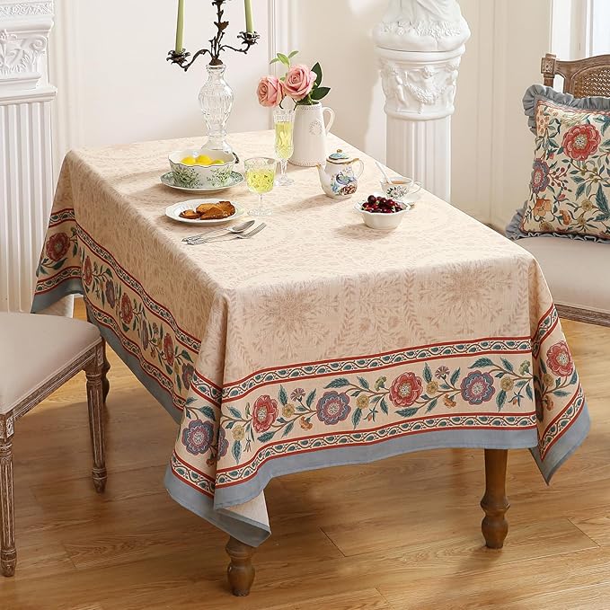 Beige Linen Small Square Tablecloth,Vintage Indian Style Soft and Colorfast Floral Tablecloths,Decor Table Cover for Kitchen,Dining,Party,Thanksgiving,Christmas,55"*55"-Flowershadow E