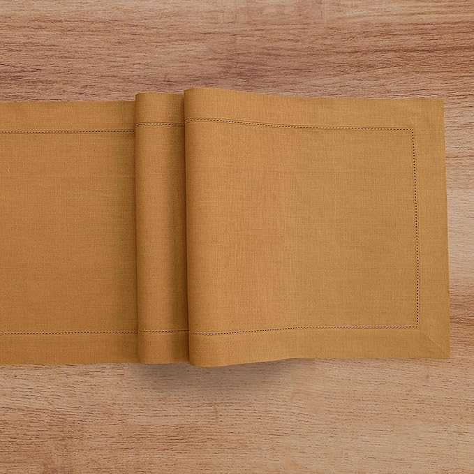 Solino Home Linen Brown Sugar Table Runner 108 Inches Long - 100% Pure Linen 14 x 108 Inch Table Runner - Classic Hemstitch