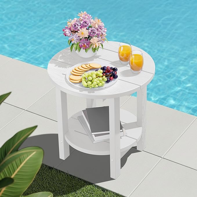 SERWALL Round Outdoor Side Table, HDPE Small Adirondack End Table,2-Tier Patio Side Table for Backyard Pool Porch Garden Lawn, White