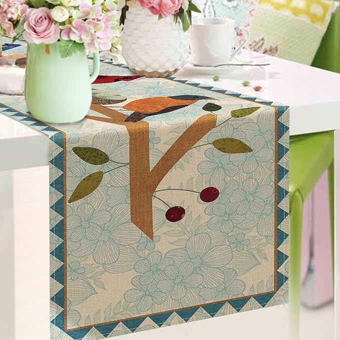 Seliem Spring Summer Birds Blue Table Runner, Cardinal Chickadee Bluebird Branch Red Berry Kitchen Dining Table Decor, Flower Nest Egg Burlap Home Decoration Indoor Outdoor Party Supply 13 x 90 Inches