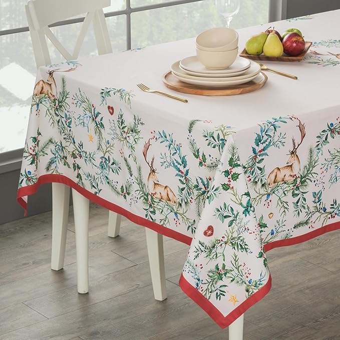 Maison d' Hermine Table Cloth Rectangle Table 100% Cotton 60 x 120 Inches Fall Tablecloth Reusable Everyday Use for Thanksgiving Christmas Decorations Dining Farmhouse Party (Holly Time)
