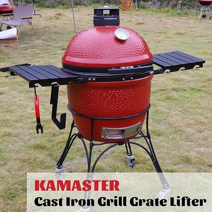 KAMaster Cast Iron Grill Grate Lifter,Grid Lifter Gripper Work for Big Green Egg Accessories Kamado Grill Joe Primo Vision Louisiana Grills,Grate Lifters with Red Protective Cover for Moving Hot Grate