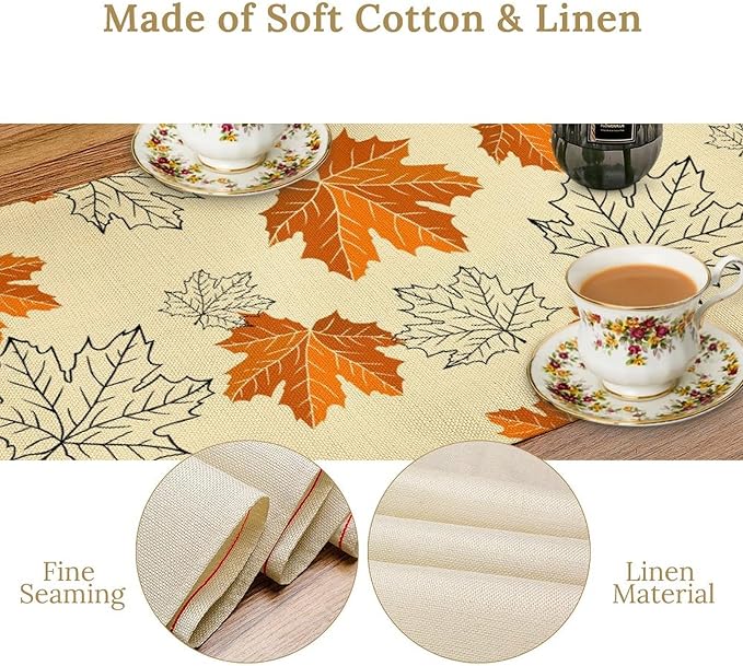Fall Maple Leaves Table Runner, Rustic Vintage Autumn Orange Leaf Thanksgiving Farmhouse Kitchen Dinning Table for Indoor Outdoor Home Party, 13x70inch