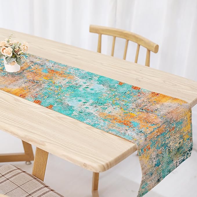 OYIMUA Modern Abstract Teal Yellow Colorful Table Runner 13 x 36 Inches Summer Runners for Tables Rustic Spring Fall Decorations for Home Indoor Outdoor Table Decor