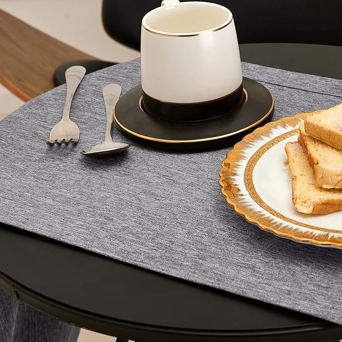 Mebakuk Linen Farmhouse Table Runner Large Burlap Style Soft and Waterproof Decorative Fabric Runner for Outdoor Wedding and Dinner (14 x 144 Inch, Dark Grey)