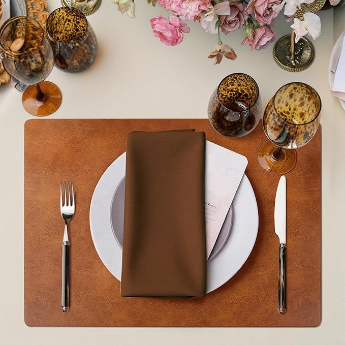 Roxifina Faux Leather Placemats Set of 4 - Vinyl Placemats Wipeable Waterproof Oil-Proof PU Place Mats Heat Resistant Reversible Table Mats for Dining, Kitchen, Outdoor, 12 x 17 Inch (Reddish Brown)