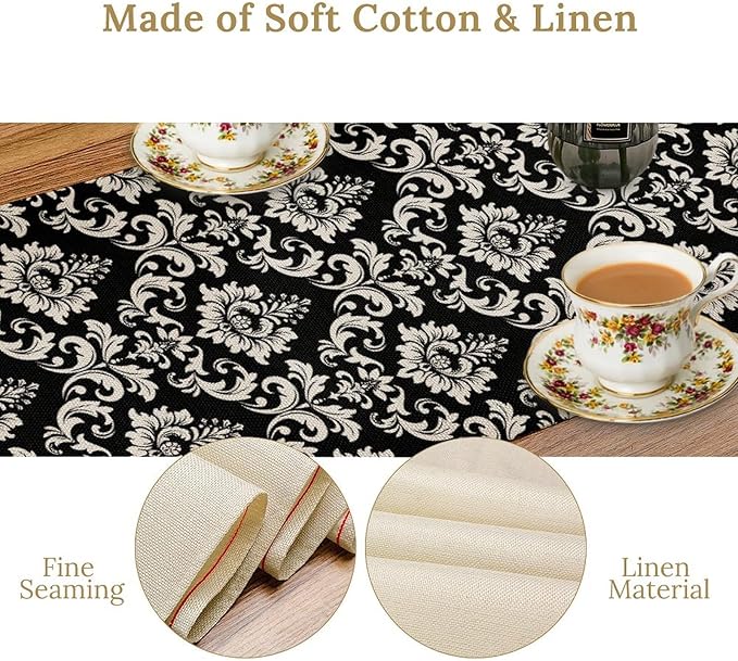 Black Damask Table Runner, Rustic Gothic Baroque Style Floral Boho Flower Antique Coffee Vintage Retro Table Center Decor for Kitchen and Dining Outdoor Home Country Party Table Decorations, 13"x72"