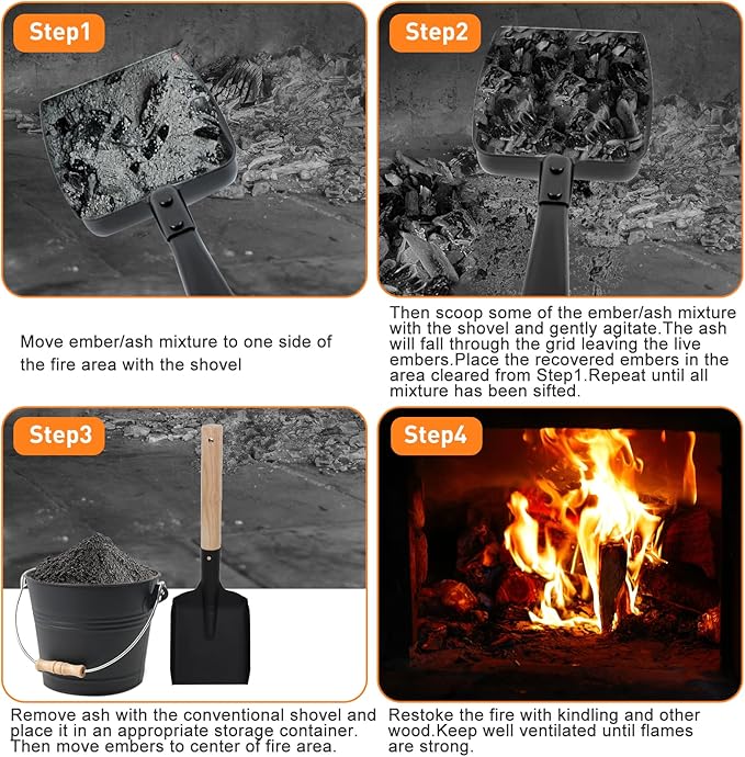 2PCS Hollow Out Fireplace Ash Sifter, 13 Inch Metal Black Coal Shovel Heat Resistant Fireplace Scoop Charcoal Shovels Fireplaces Tools with Self-Adhesive Hook for Wood Stove Indoor Fire Pit