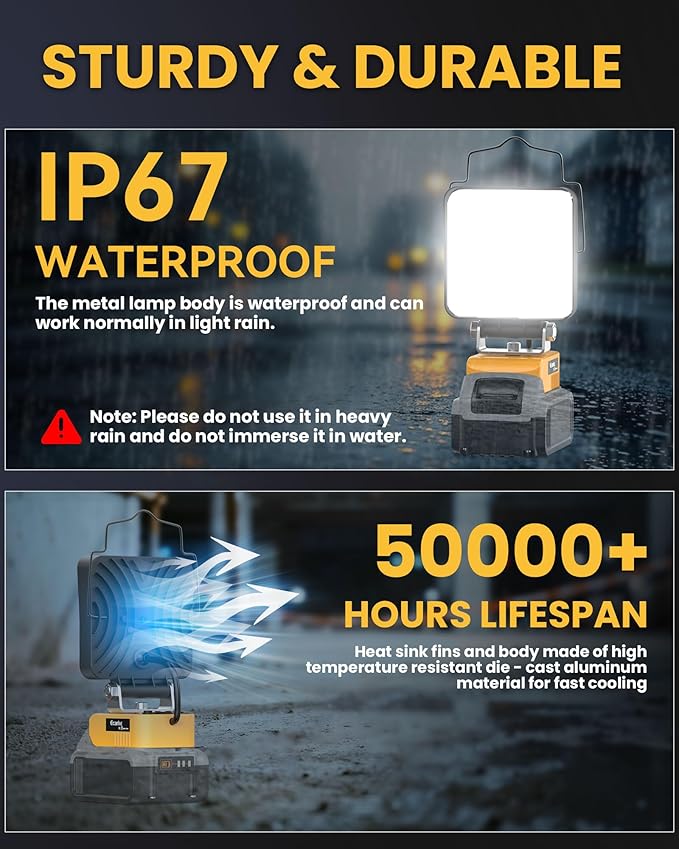 Ecarke LED Work Light Compatible with DeWALT Battery, 70W Lighting with 2Ah Battery, Portable with USB & Type C Charging Port, Cordless LED Work Light for Job Site & Outdoor