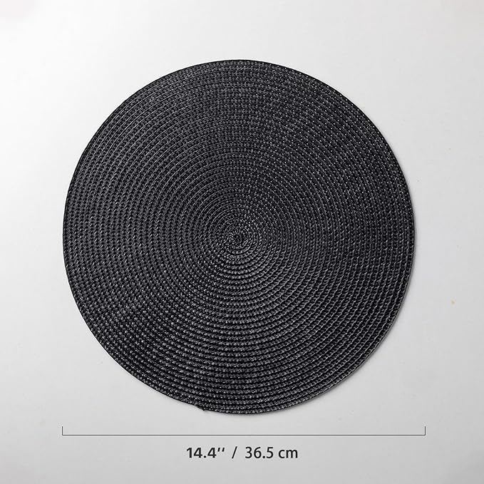 Round Placemats Set of 6 Plastic Woven Placemats Washable Wipeable Table Mats for Dining Table Heat Resistant Non-Slip Circle Place Mats (Black)