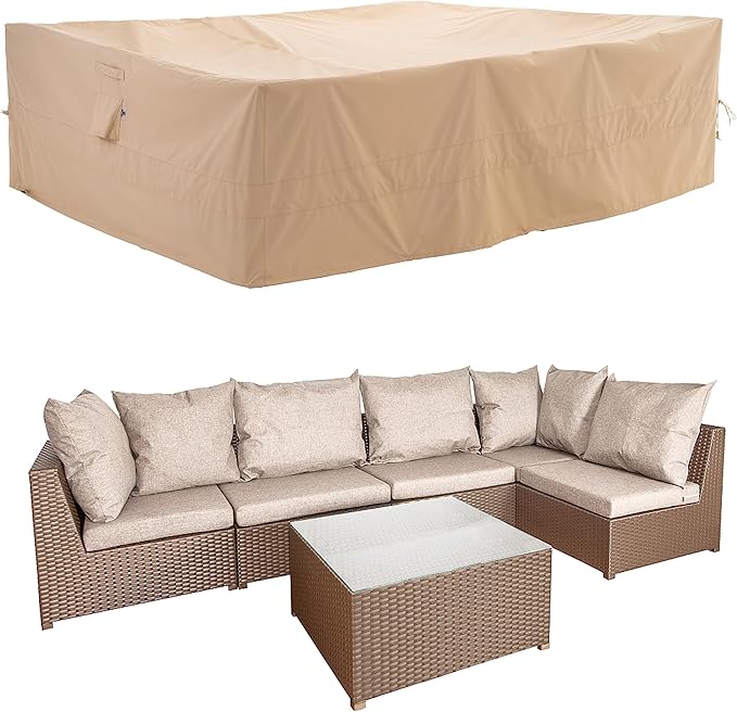 WJ-X3 Large Rectangular Outdoor Table Cover Waterproof, Heavy Duty Patio Furniture Set Cover UV-Resistant, Lawn Sectional Set Cover, High Wind Resistant, Anti-Fading 126W x 84D x 31H Inches, Beige