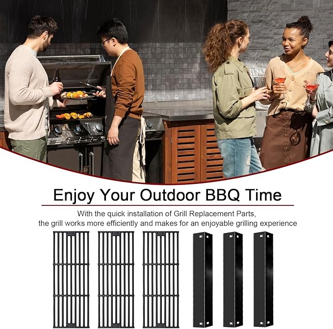 Hiorucet Grill Replacement Parts for Chargriller 5650, 5050, 3001, 5072, 3030, 3008, 4000, 5252, King Griller 3008 5252 Gas Grill, Cast Iron Grill Grates, Porcelain Steel Heat Plates