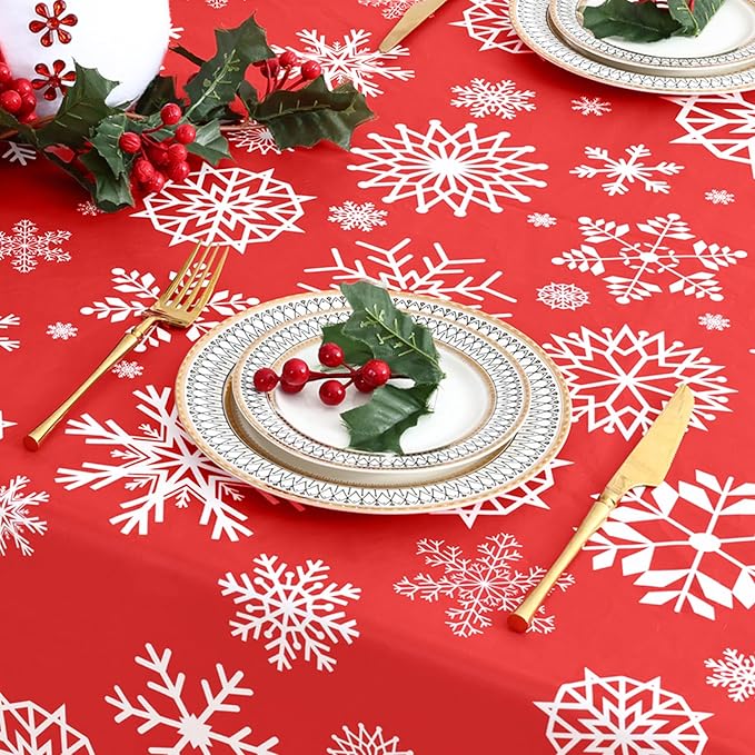 misaya Rectangle Waterproof Vinyl Table Cloth, Wipeable Tablecloth with Flannel Backing, Plastic Table Cover for Dinner, Christmas Party (Red Snowflake, 60" x 84")